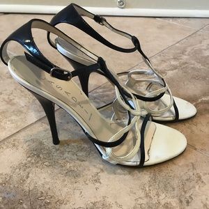 Cascadei black & white high heel sandals, size 6